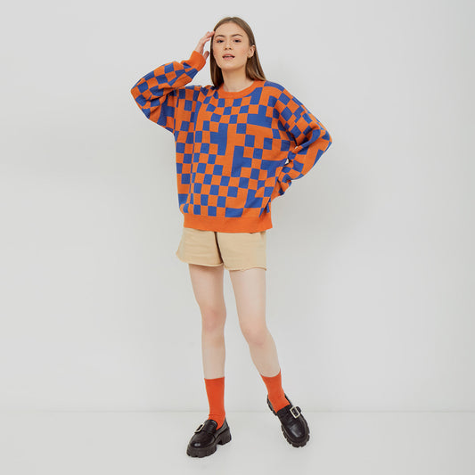 Checkered Orange Blue Sweater
